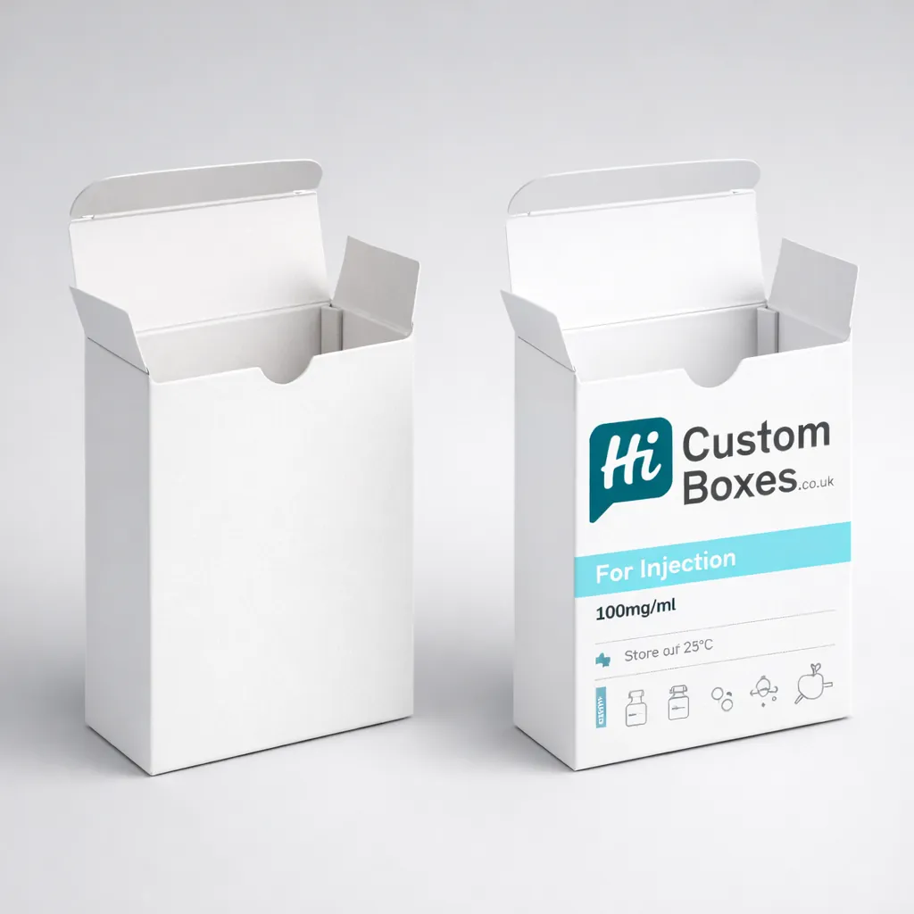 Vertical tuck-end injection medicine boxes with dosage details and medical icons in a clean layout.